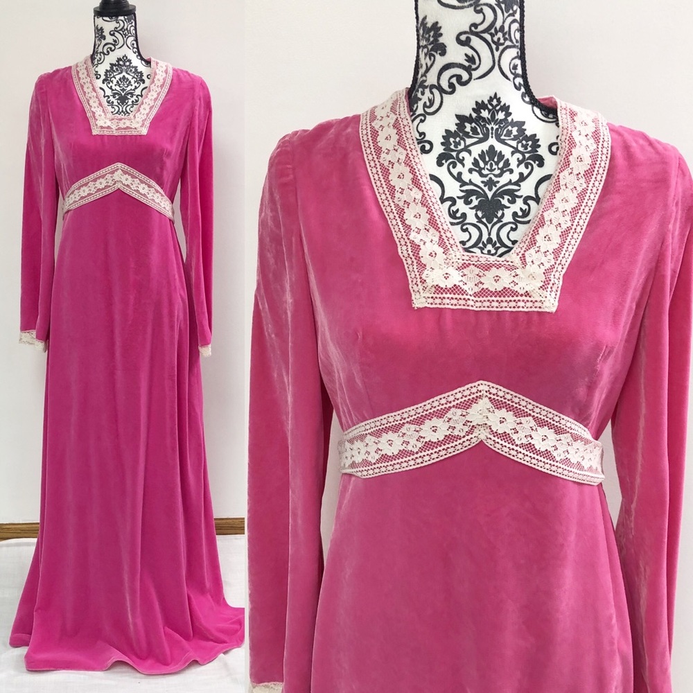 70s pink velvet maxi dress bell sleeve empire 4/6